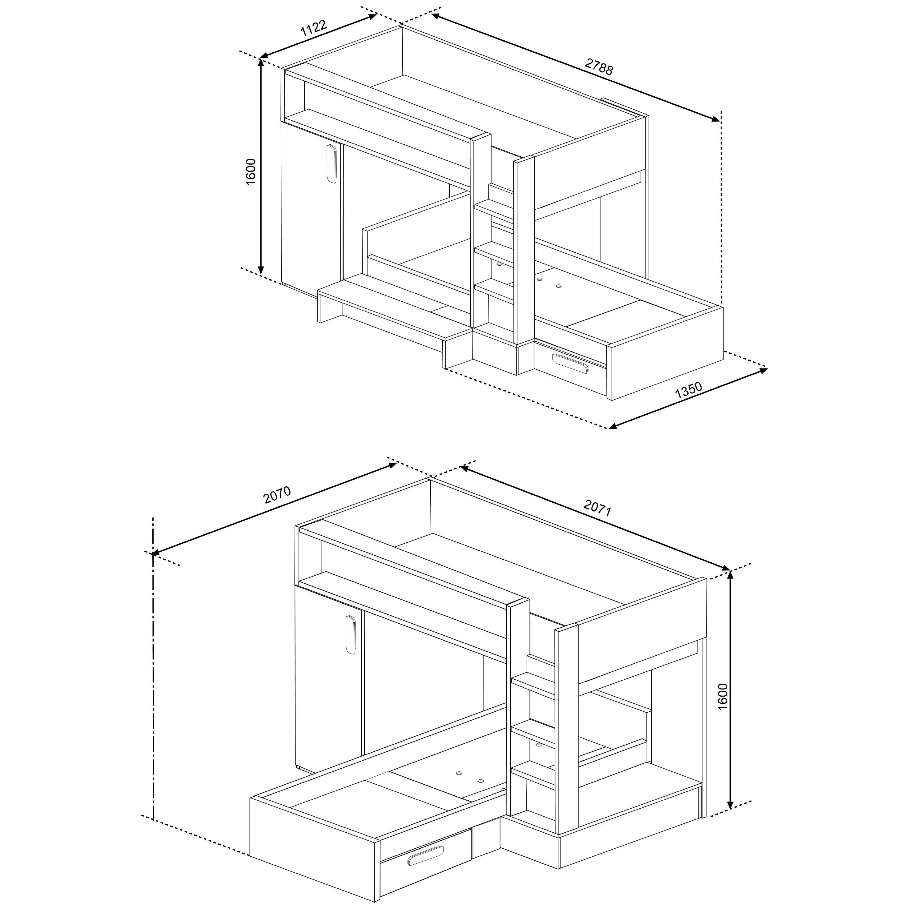 Regular or L-Shaped Reversible Bunk Bed with Wardrobe & Storage, Tordera Trasman