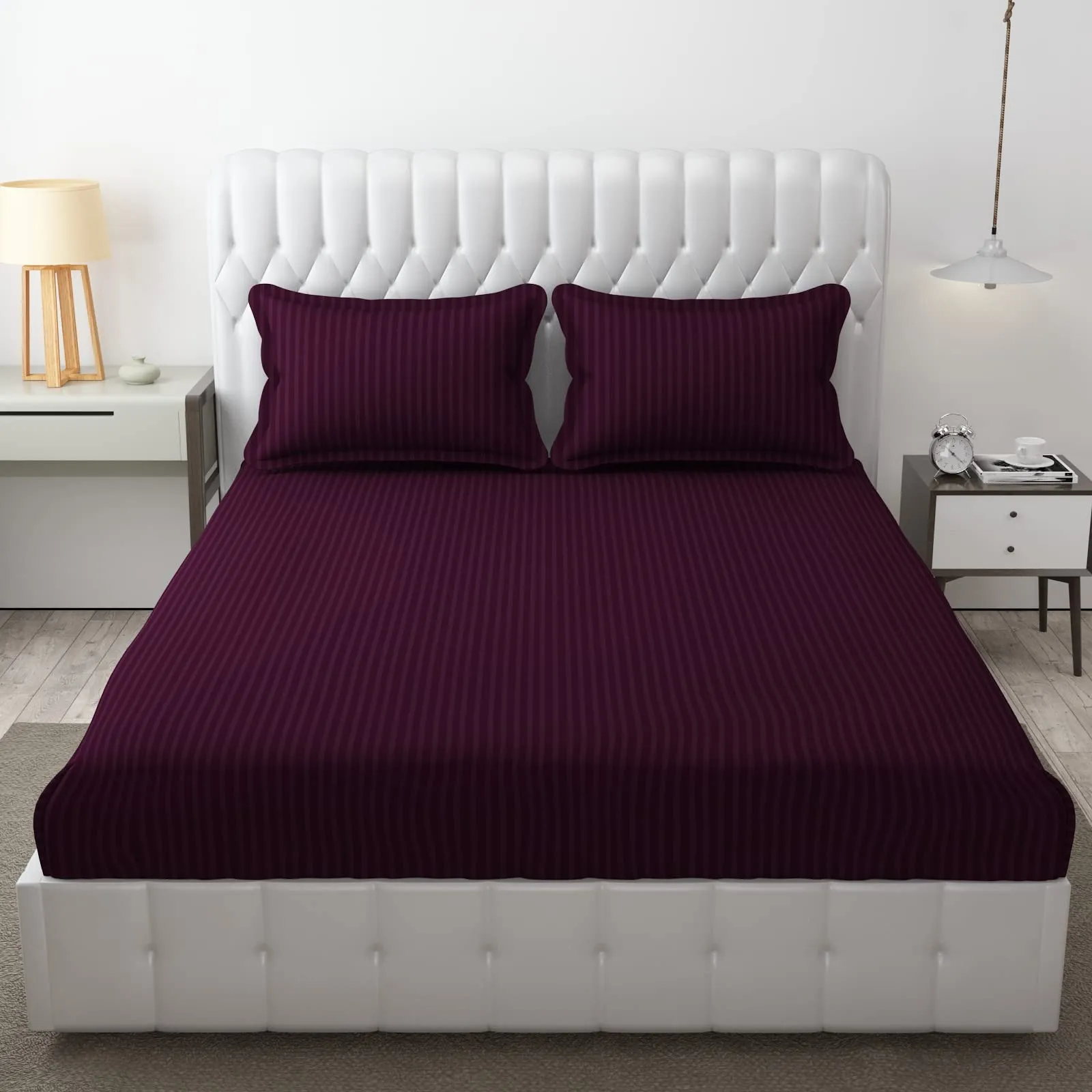 Roman Glace Cotton Cotton Striped/Lining, Solid Plain Color, Bedsheet with Two Pillow Covers for Double Bed Queen Size, Wine