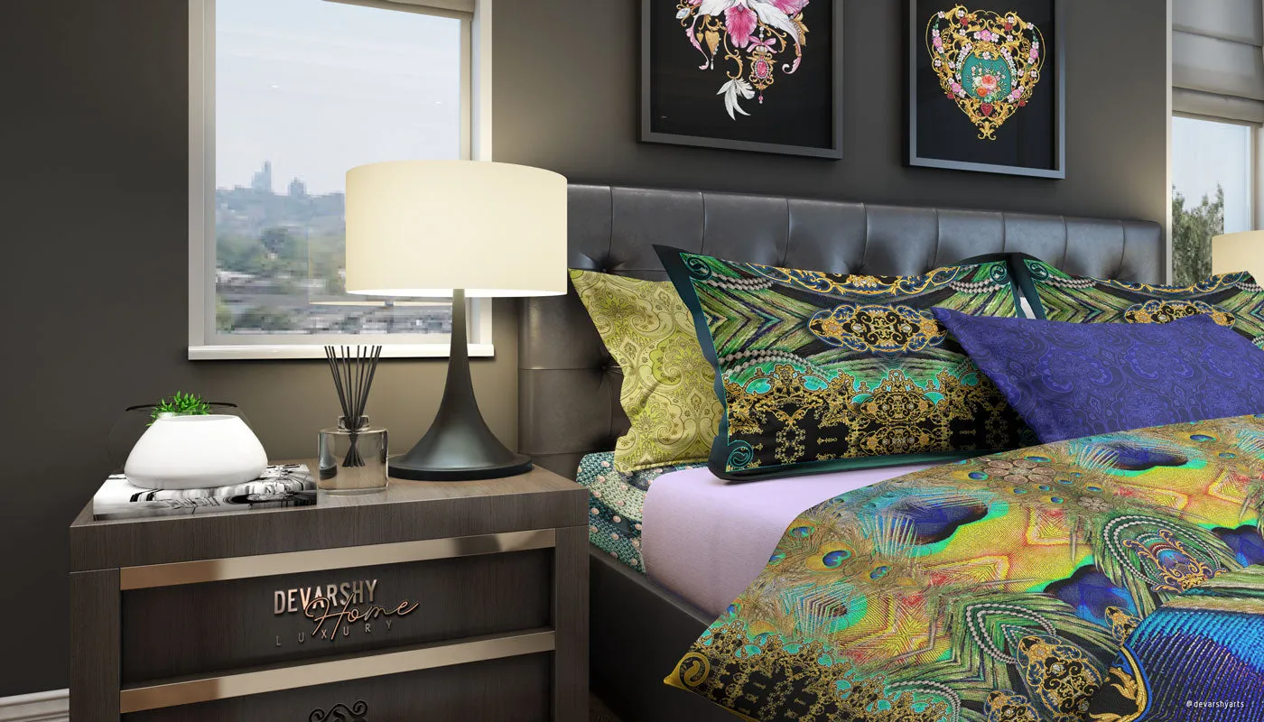 Royal Peacock Printed Duvet Cover, Twin, Queen, King Size Bedding, Luxury Bed Linen, Devarshy Home