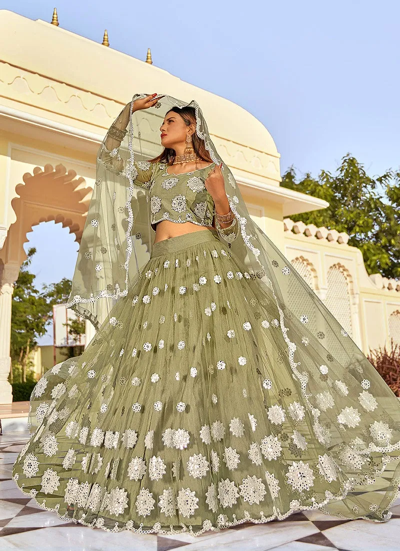 Sage Green Mirror Embellished Wedding Lehenga Choli