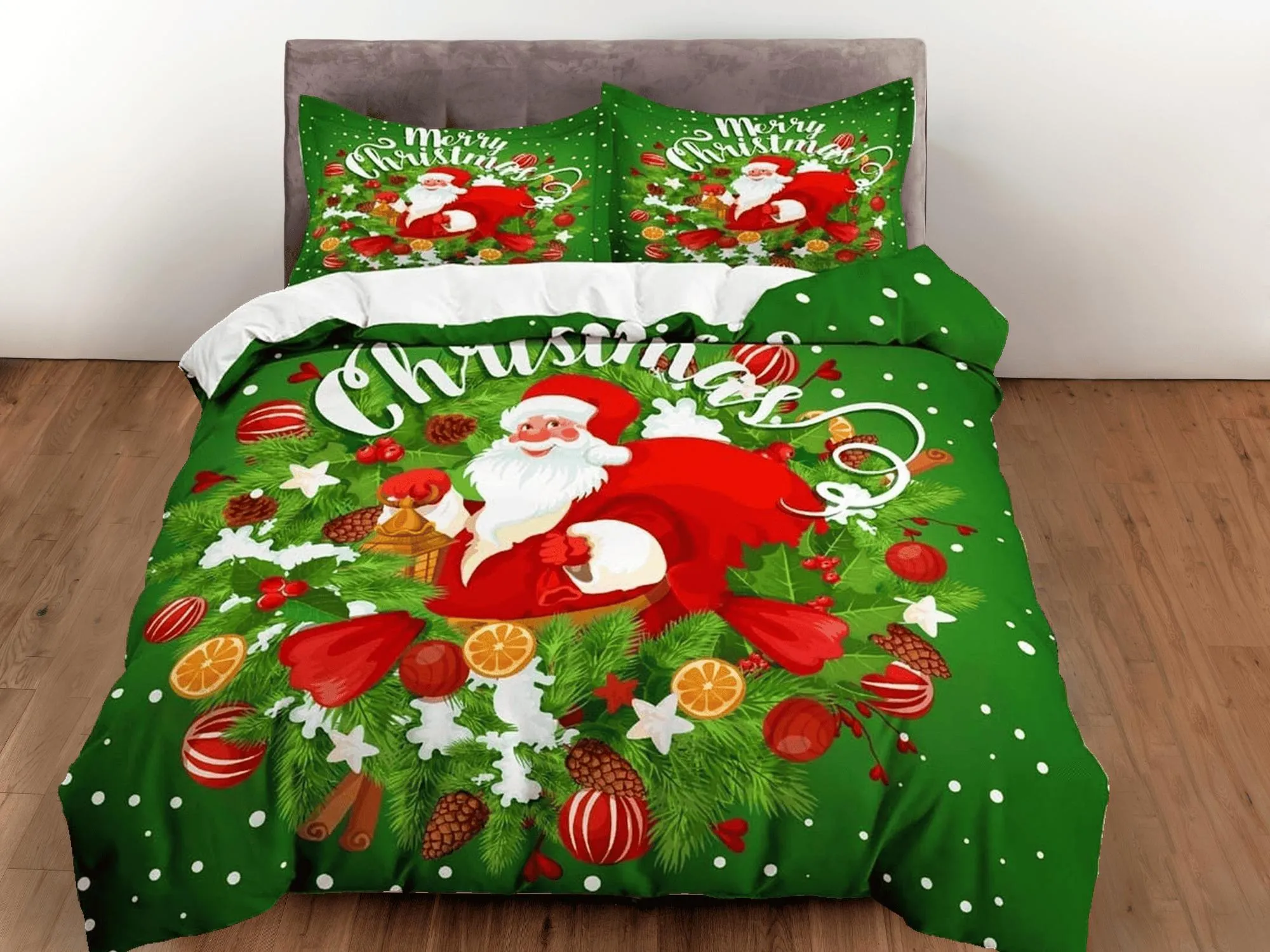 Santa Claus Christmas wreath green bedding & pillowcase holiday gift duvet cover king queen toddler bedding baby Christmas farmhouse decor