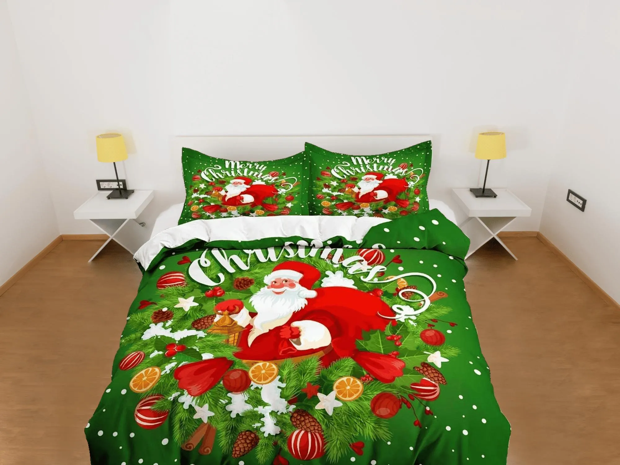 Santa Claus Christmas wreath green bedding & pillowcase holiday gift duvet cover king queen toddler bedding baby Christmas farmhouse decor