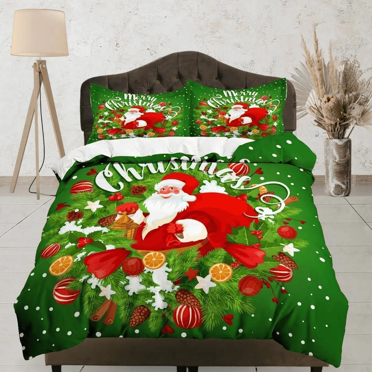 Santa Claus Christmas wreath green bedding & pillowcase holiday gift duvet cover king queen toddler bedding baby Christmas farmhouse decor