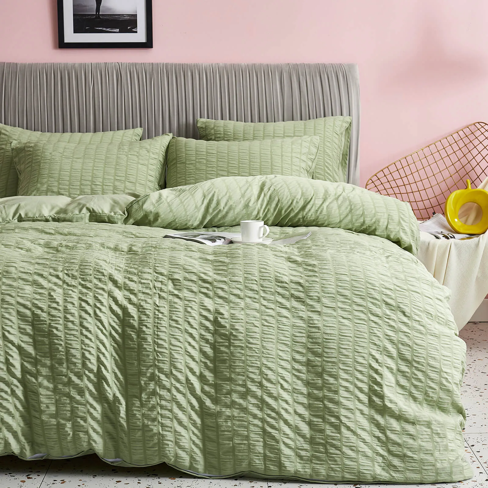 Seersucker Stripe Duvet Cover Set (Green)