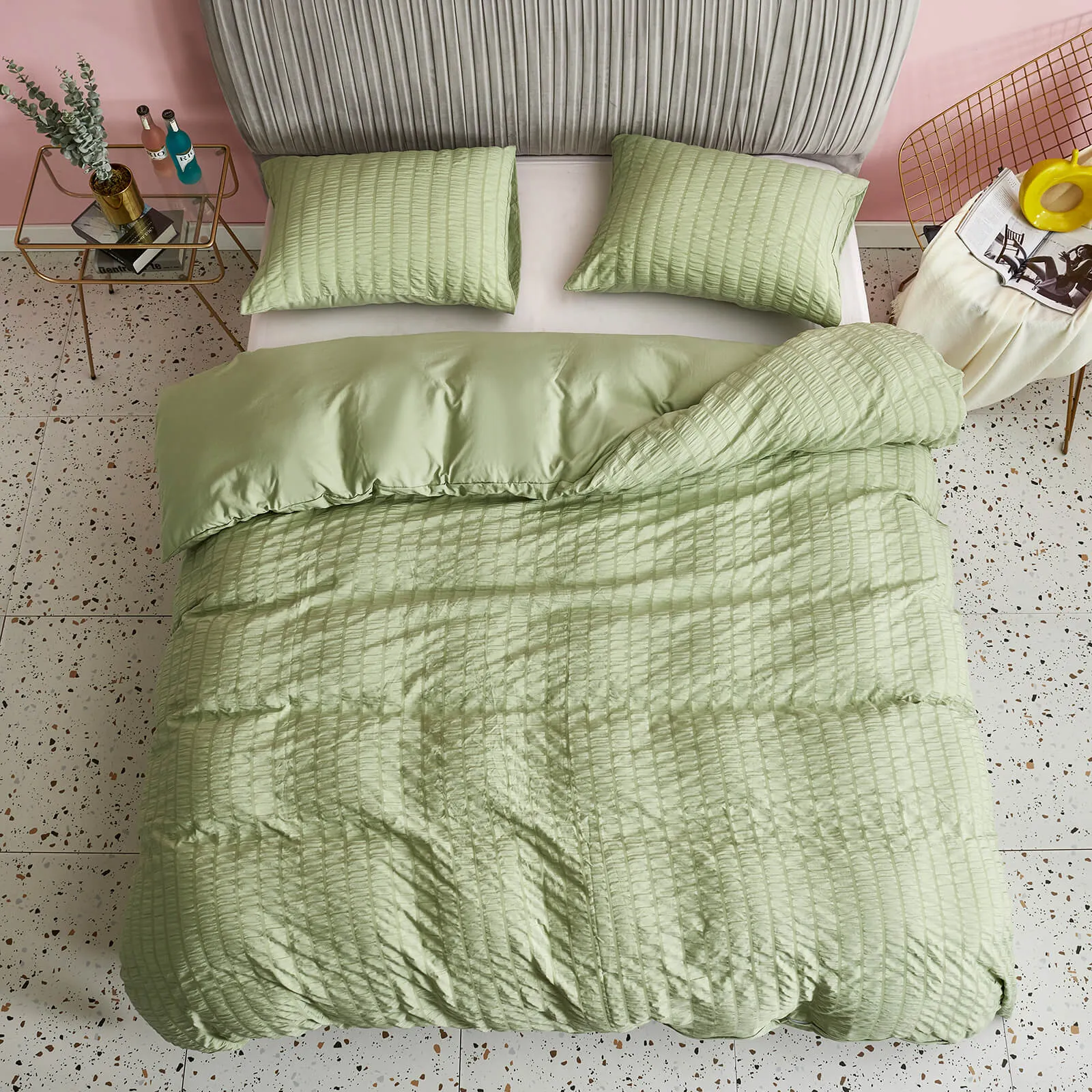 Seersucker Stripe Duvet Cover Set (Green)