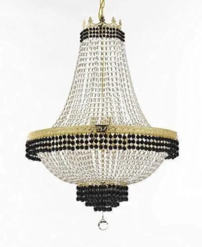 Set of 2-1 French Empire Crystal Chandelier Lighting Trimmed w/Jet Black Crystal! H36" X W30" and 1 Flush French Empire Crystal Chandelier Trimmed with Jet Black Crystal! H18" X W24" - B79/CG/870/14   B79/CG/FLUSH/870/9