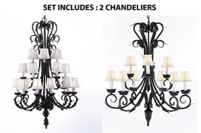 Set Of 2 - 1-Large Foyer Entryway Wrought Iron Chandelier H50" X W30" W/ White Shades And Wrought Iron Chandelier Lighting With White Shades H 30" W 26" 9 Lights - 1Ea-Sc/724/24 1Ea-Sc/724/6 3-Whtshd-B