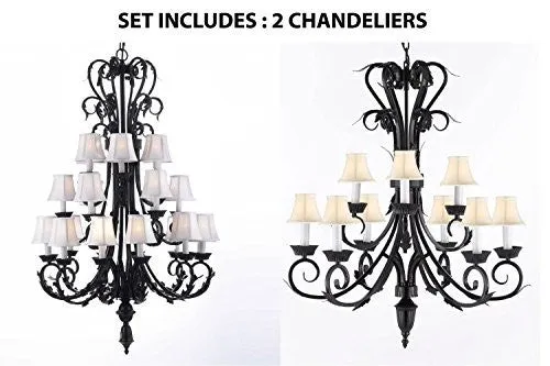 Set Of 2 - 1-Large Foyer Entryway Wrought Iron Chandelier H50" X W30" W/ White Shades And Wrought Iron Chandelier Lighting With White Shades H 30" W 26" 9 Lights - 1Ea-Sc/724/24 1Ea-Sc/724/6 3-Whtshd-B