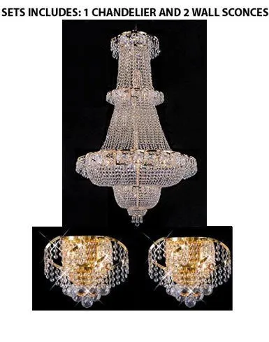 Set Of 3- French Empire Crystal Chandelier Chandeliers Lighting 60"X36" And 2 Belenus Collection 24K Gold Plated Finish Wall Sconces W12" H8" E9" - 1Ea 928/32   2Ea Eca1W12G