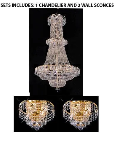 Set Of 3- French Empire Crystal Chandelier Chandeliers Lighting H50" W30" - Perfect For An Entryway Or Foyer And 2 Belenus Collection 24K Gold Plated Finish Wall Sconces W12" H8" E9" - 1Ea 928/21   2Ea Eca1W12G