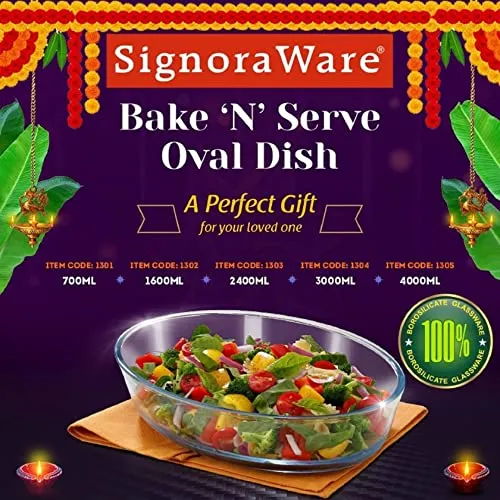 Signoraware Bake 'N' Serve Oval Bakeware Safe and Oven Safe Glass Dish Tray | Borosilicate Glass Bowl Container | Microwave Oven Safe Baking (700ml, Set of 1, Clear)