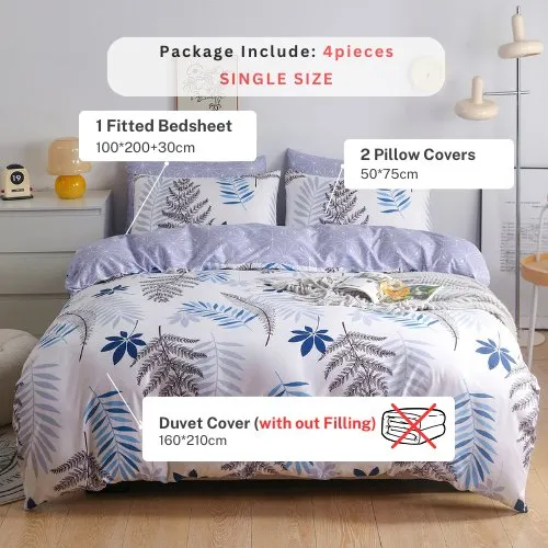 Single Set of 4 Pieces, Reversible Duvet Cover Set, with a Lovely Leaf Design.