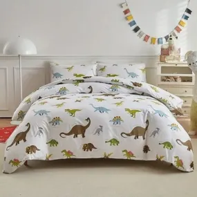 Single size 4 piece bedding set with dinosaur pattern duvet cover.