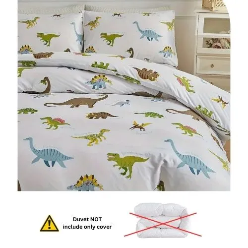 Single size 4 piece bedding set with dinosaur pattern duvet cover.