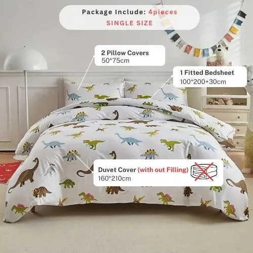 Single size 4 piece bedding set with dinosaur pattern duvet cover.