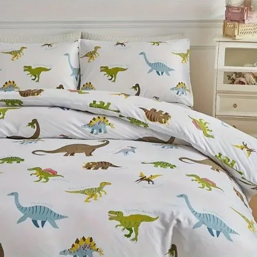 Single size 4 piece bedding set with dinosaur pattern duvet cover.