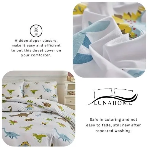 Single size 4 piece bedding set with dinosaur pattern duvet cover.