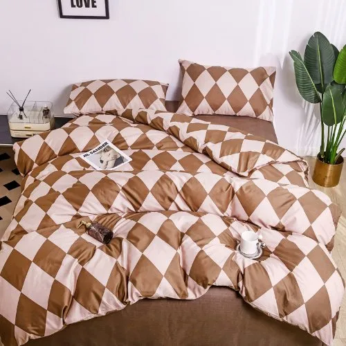 Single size 4 pieces Bedding Set without filler, Rhombs Design Brown Color