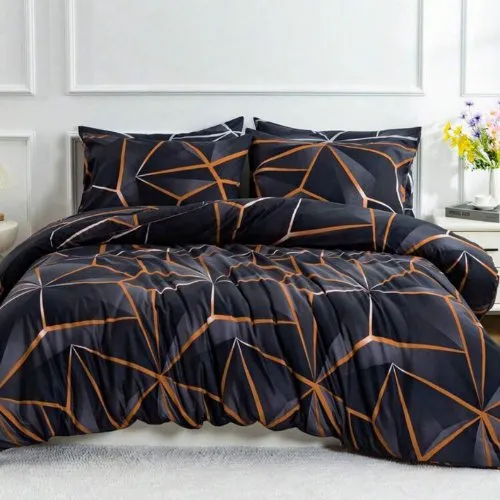 Single Size 4 pieces Black with Brown Geometric Design Duvet cover set.