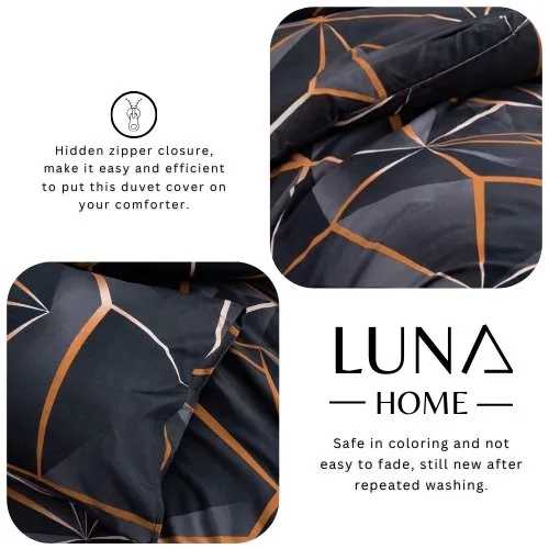 Single Size 4 pieces Black with Brown Geometric Design Duvet cover set.