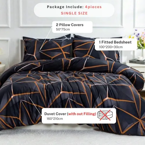 Single Size 4 pieces Black with Brown Geometric Design Duvet cover set.