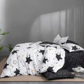 Single Size 4 Pieces Set, Reversible Duvet Cover Set, Black Stars Design with Black Bedsheet Color.