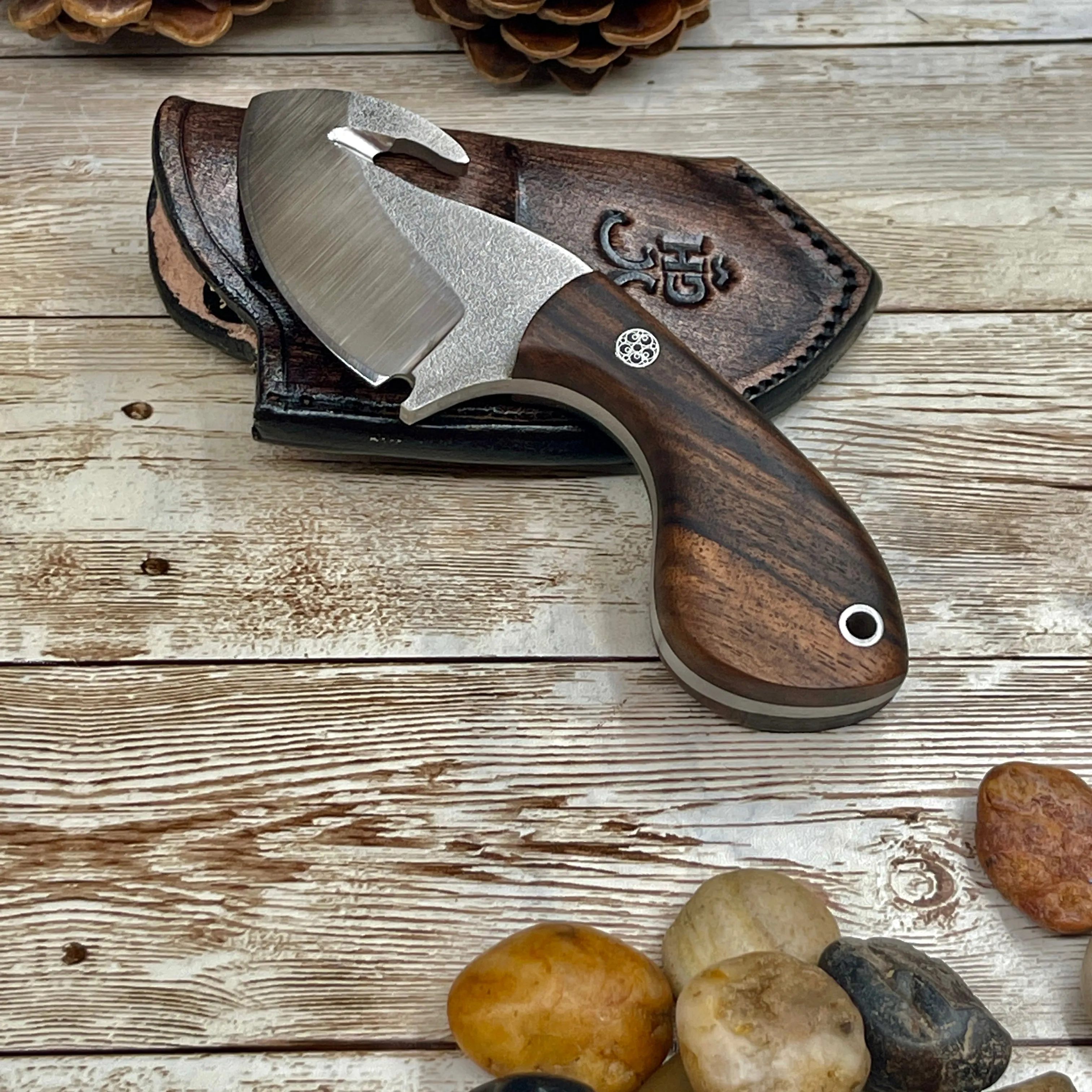 Skinner Knife with Gut Hook Walnut Handle and Leather Sheath Bohler N690 Knife