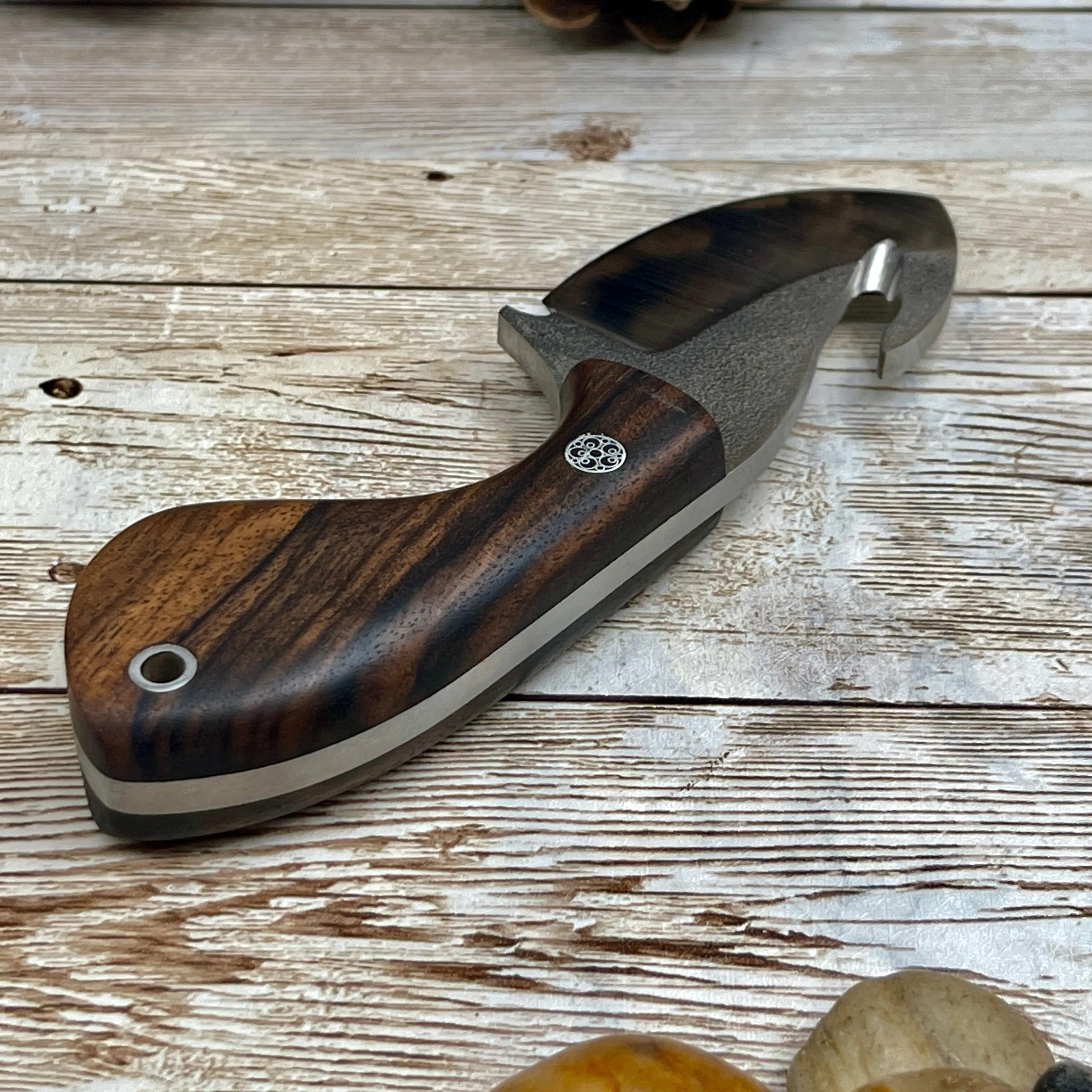 Skinner Knife with Gut Hook Walnut Handle and Leather Sheath Bohler N690 Knife