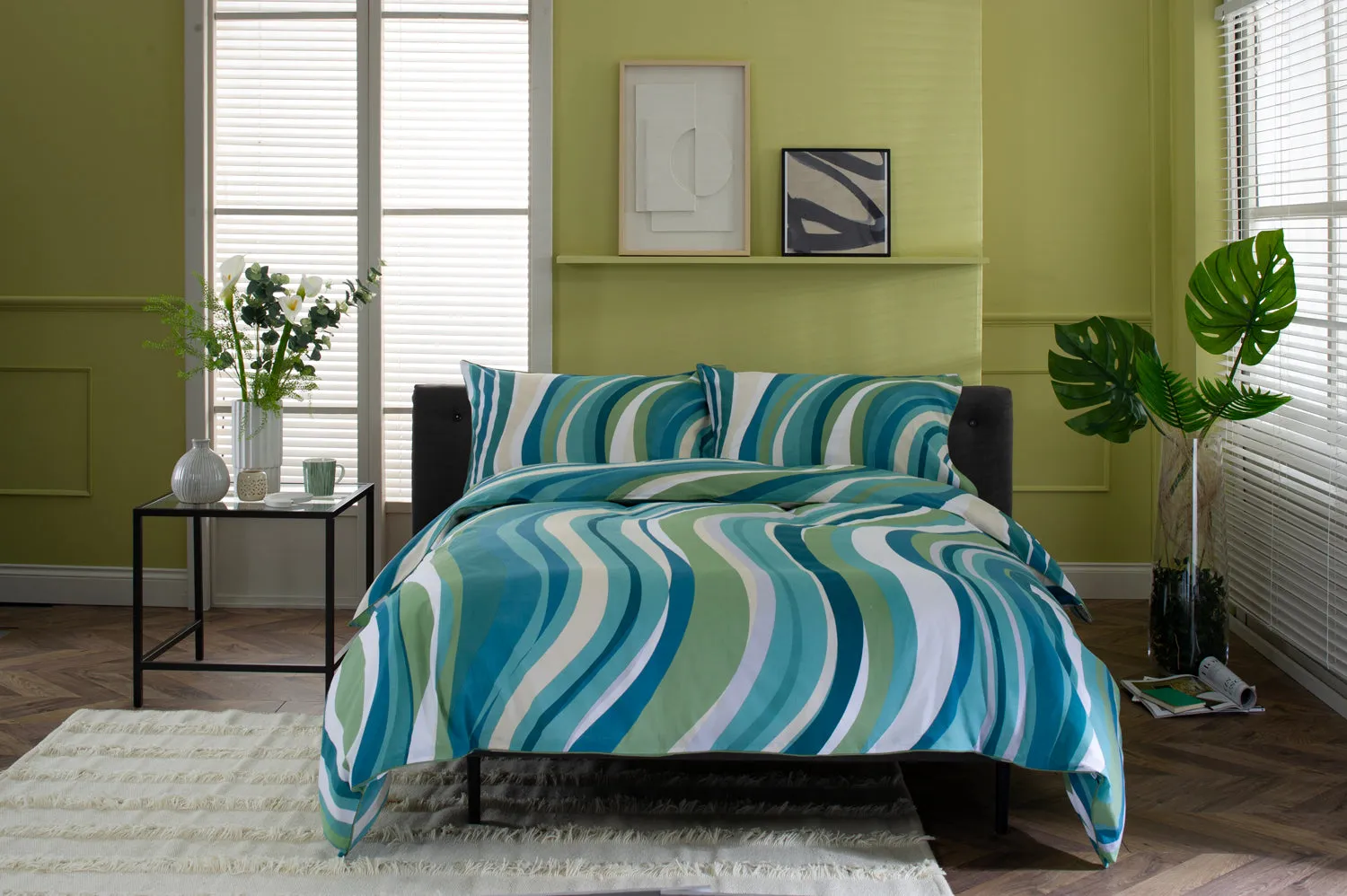 Smith Wave Green Deluxe Cotton Printed Bedlinen Duvet set