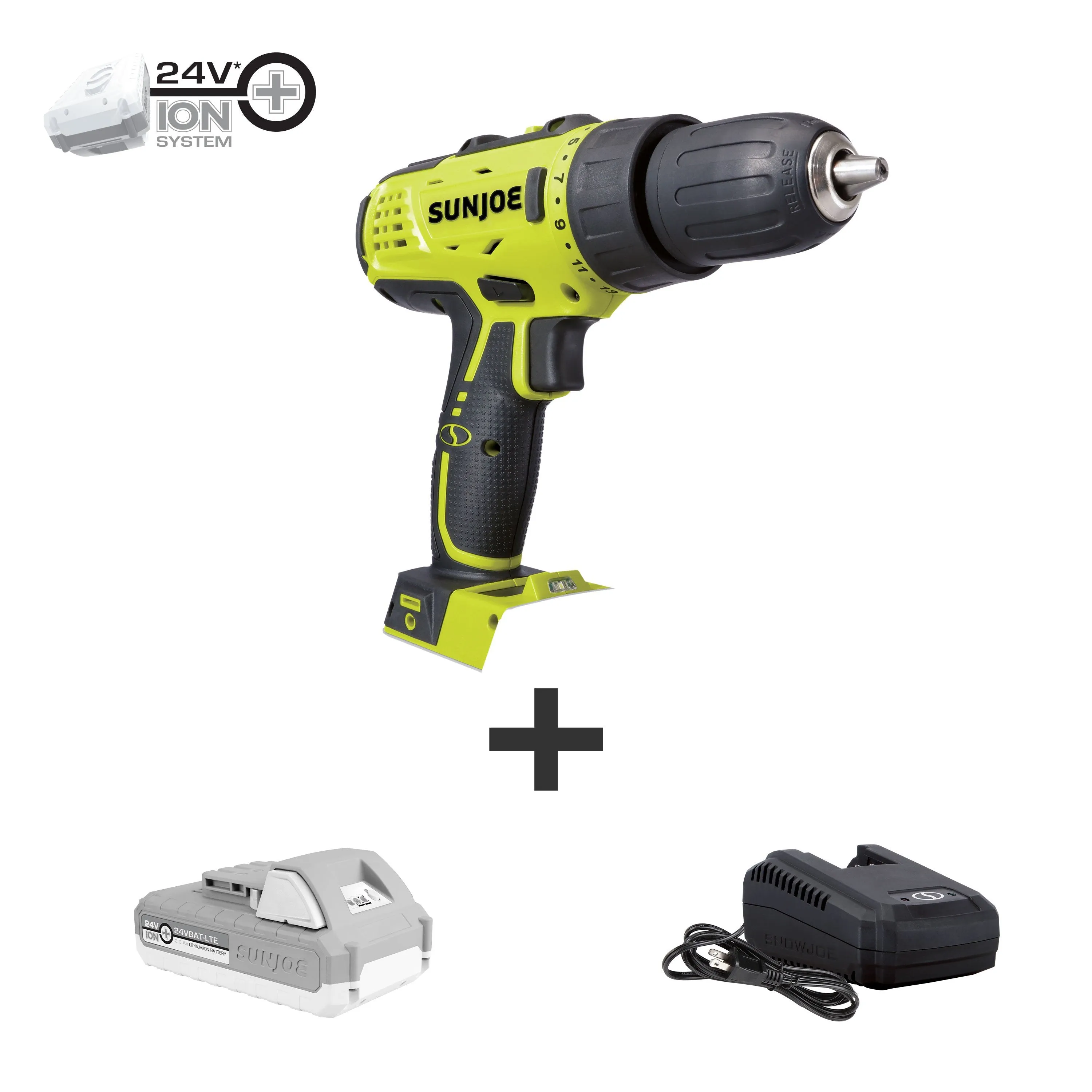 Sun Joe 24V-DD-LTE-SJG 24-Volt iON  Cordless Drill Driver Kit | W/ 2.0-Ah Battery and Charger