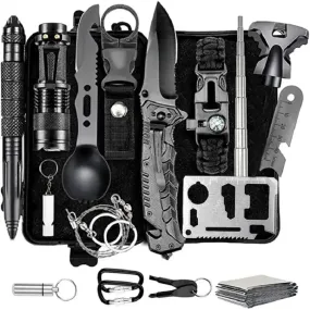 Survival Gear Kits 16 in 1 Outdoor Emergency SOS Survive Tool Supplies Tactical Knife Spoon Fork Pen for Camping Hiking Hunting