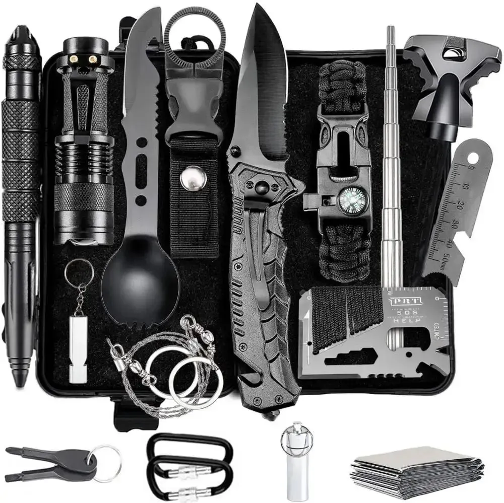 Survival Gear Kits 16 in 1 Outdoor Emergency SOS Survive Tool Supplies Tactical Knife Spoon Fork Pen for Camping Hiking Hunting