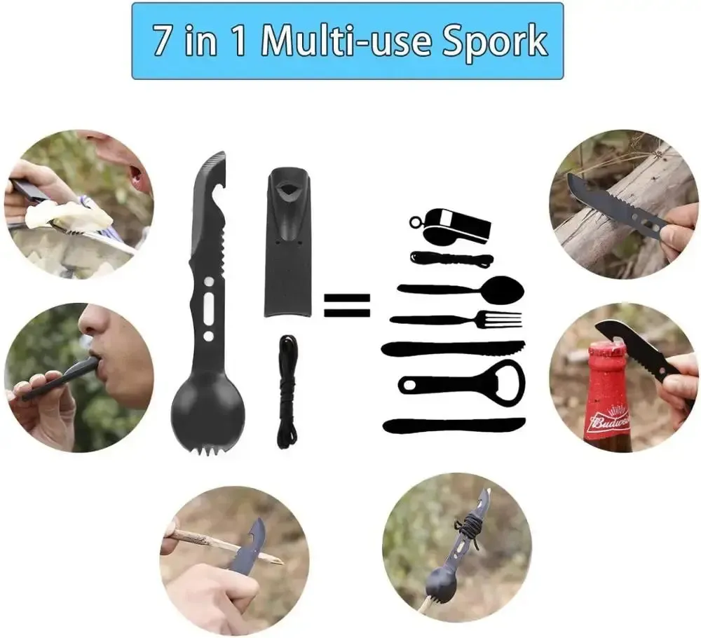 Survival Gear Kits 16 in 1 Outdoor Emergency SOS Survive Tool Supplies Tactical Knife Spoon Fork Pen for Camping Hiking Hunting