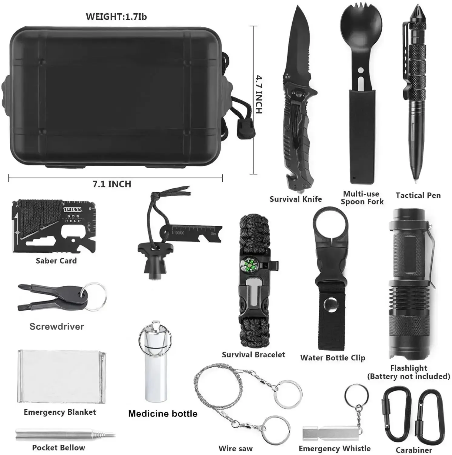 Survival Gear Kits 16 in 1 Outdoor Emergency SOS Survive Tool Supplies Tactical Knife Spoon Fork Pen for Camping Hiking Hunting