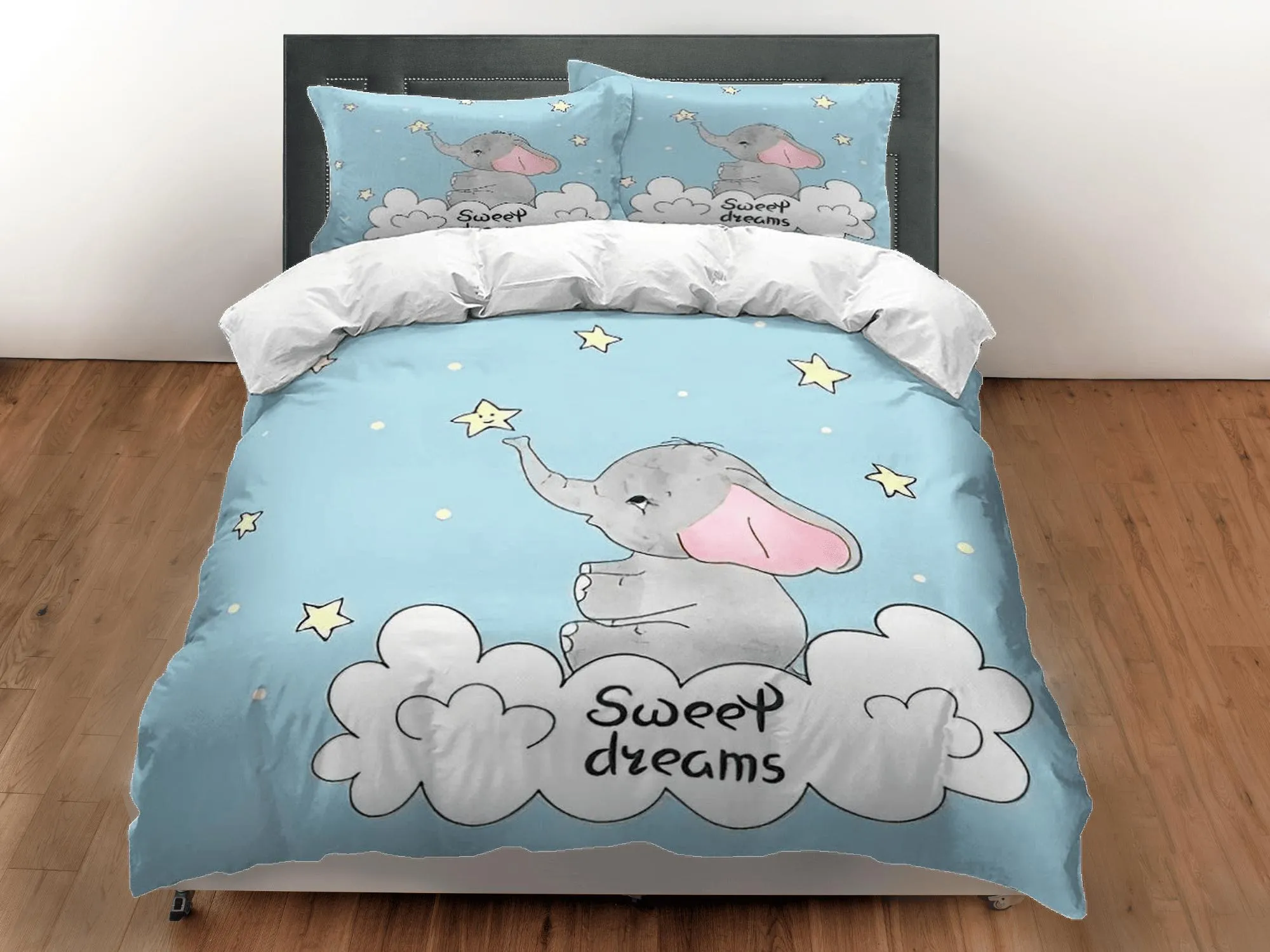 Sweet dreams elephant light blue bedding cute duvet cover set, kids bedding full, nursery bed decor, elephant baby shower, toddler bedding