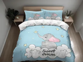 Sweet dreams elephant light blue bedding cute duvet cover set, kids bedding full, nursery bed decor, elephant baby shower, toddler bedding