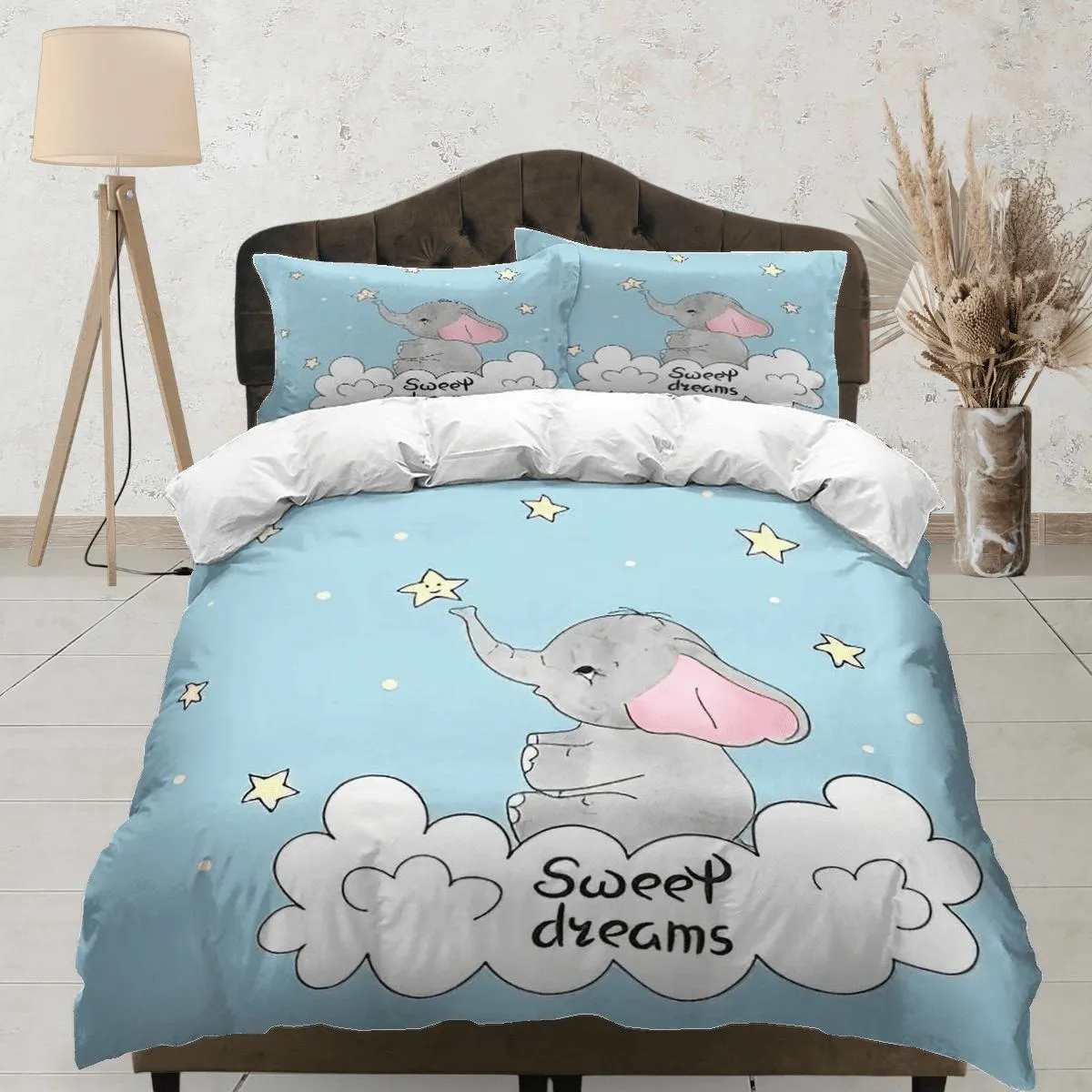 Sweet dreams elephant light blue bedding cute duvet cover set, kids bedding full, nursery bed decor, elephant baby shower, toddler bedding