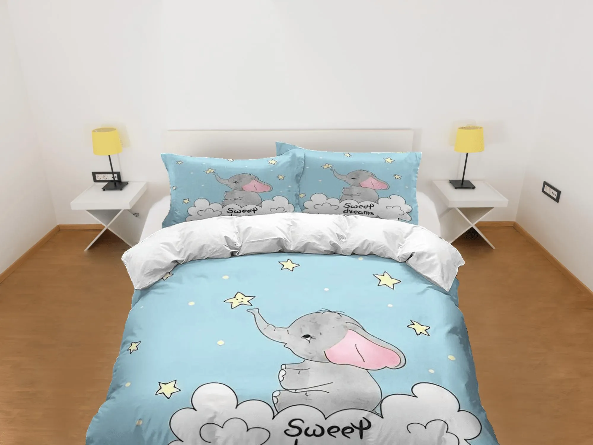 Sweet dreams elephant light blue bedding cute duvet cover set, kids bedding full, nursery bed decor, elephant baby shower, toddler bedding