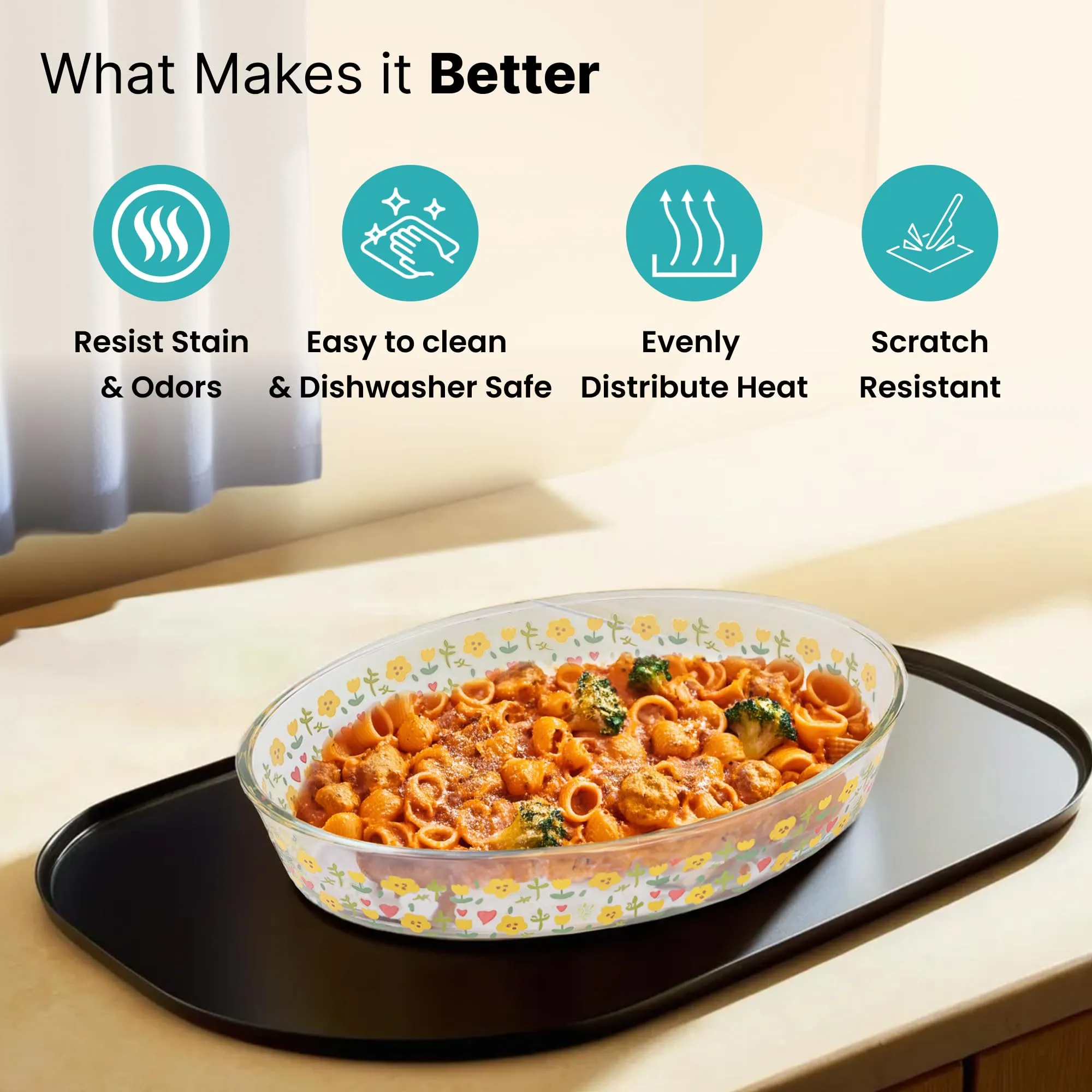 The Better Home Zeno Oval (2.4 L) Borosilicate Glass Baking Tray For Microwave Oven | Baking Dish | Baking Pan | Bake & Serve Dish | Bakeware | Glass Bowl For Microwave | Dishwasher Safe (Printed)