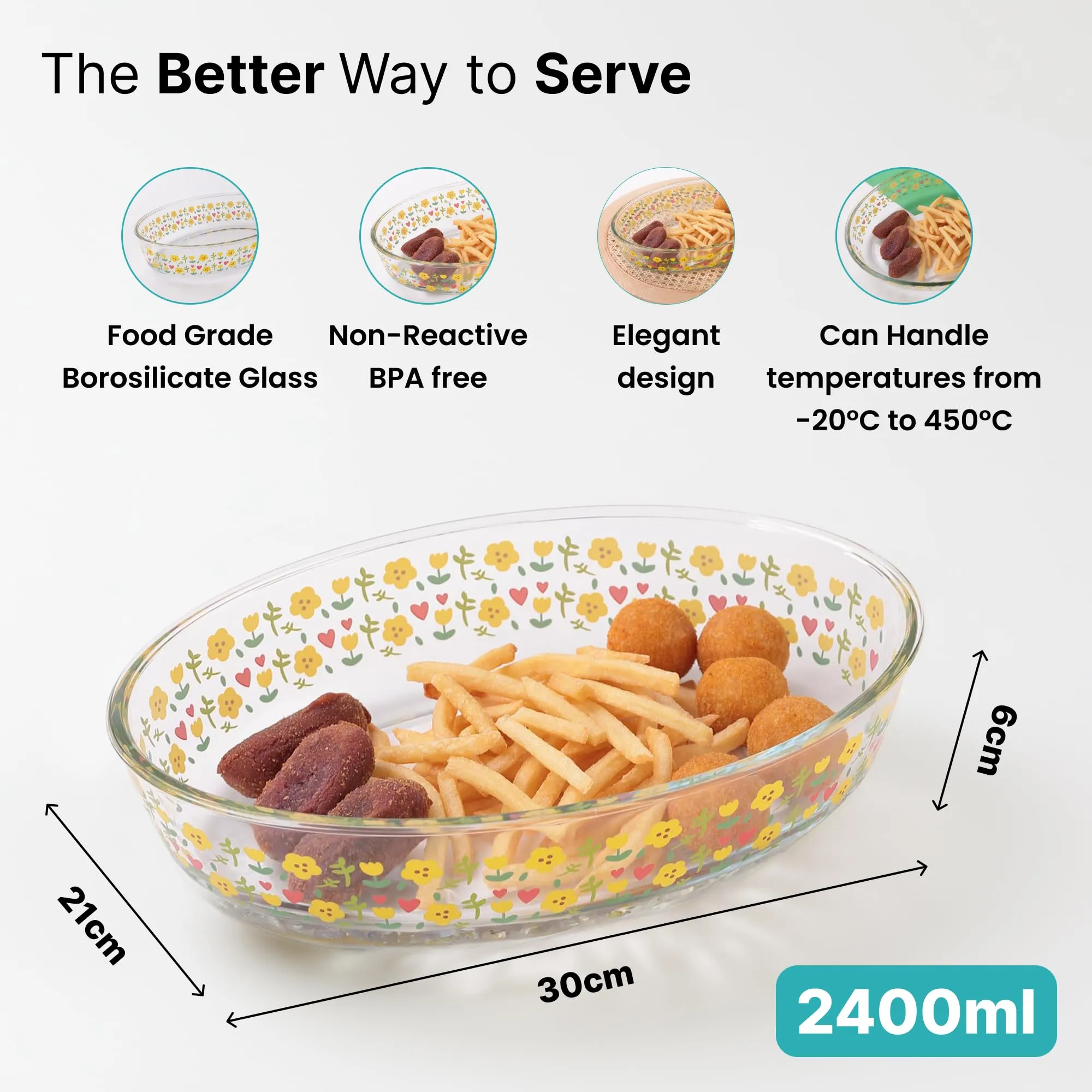 The Better Home Zeno Oval (2.4 L) Borosilicate Glass Baking Tray For Microwave Oven | Baking Dish | Baking Pan | Bake & Serve Dish | Bakeware | Glass Bowl For Microwave | Dishwasher Safe (Printed)