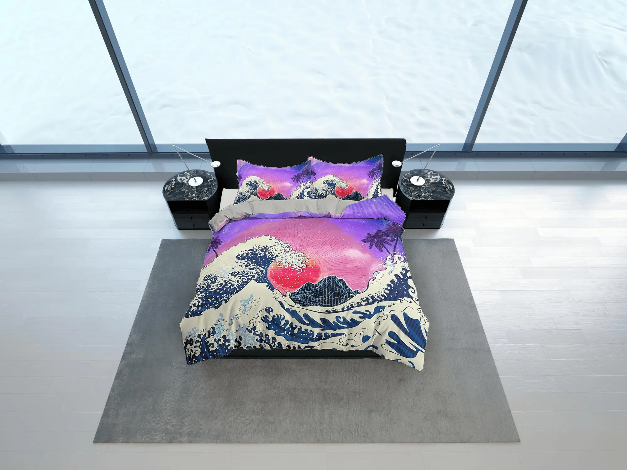 The Great Wave of Kanagawa Bedding, Vaporwave Hippie Bedding, Japanese Duvet Cover Set, Aesthetic Purple Duvet Cover King Queen Full Twin