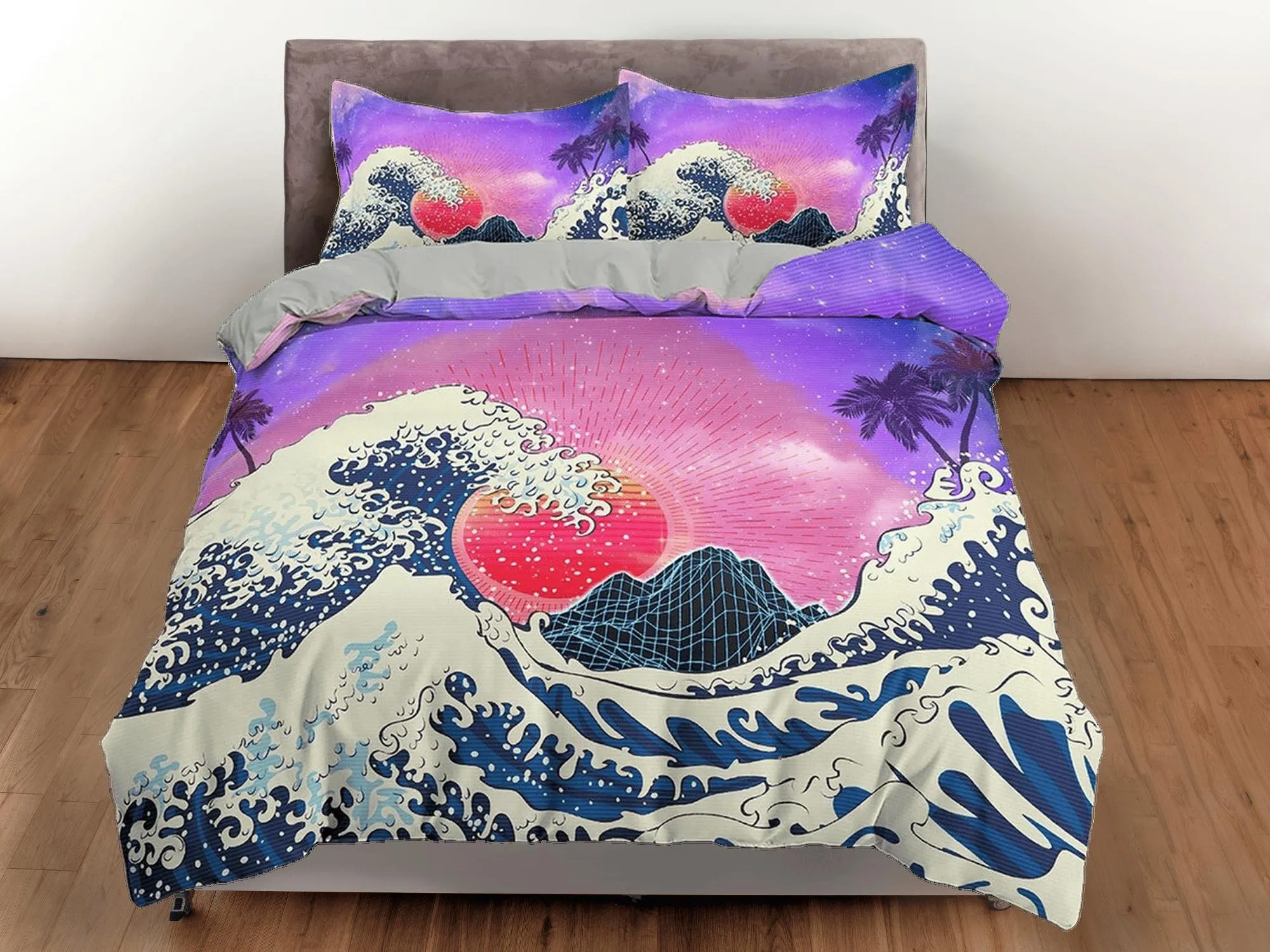 The Great Wave of Kanagawa Bedding, Vaporwave Hippie Bedding, Japanese Duvet Cover Set, Aesthetic Purple Duvet Cover King Queen Full Twin