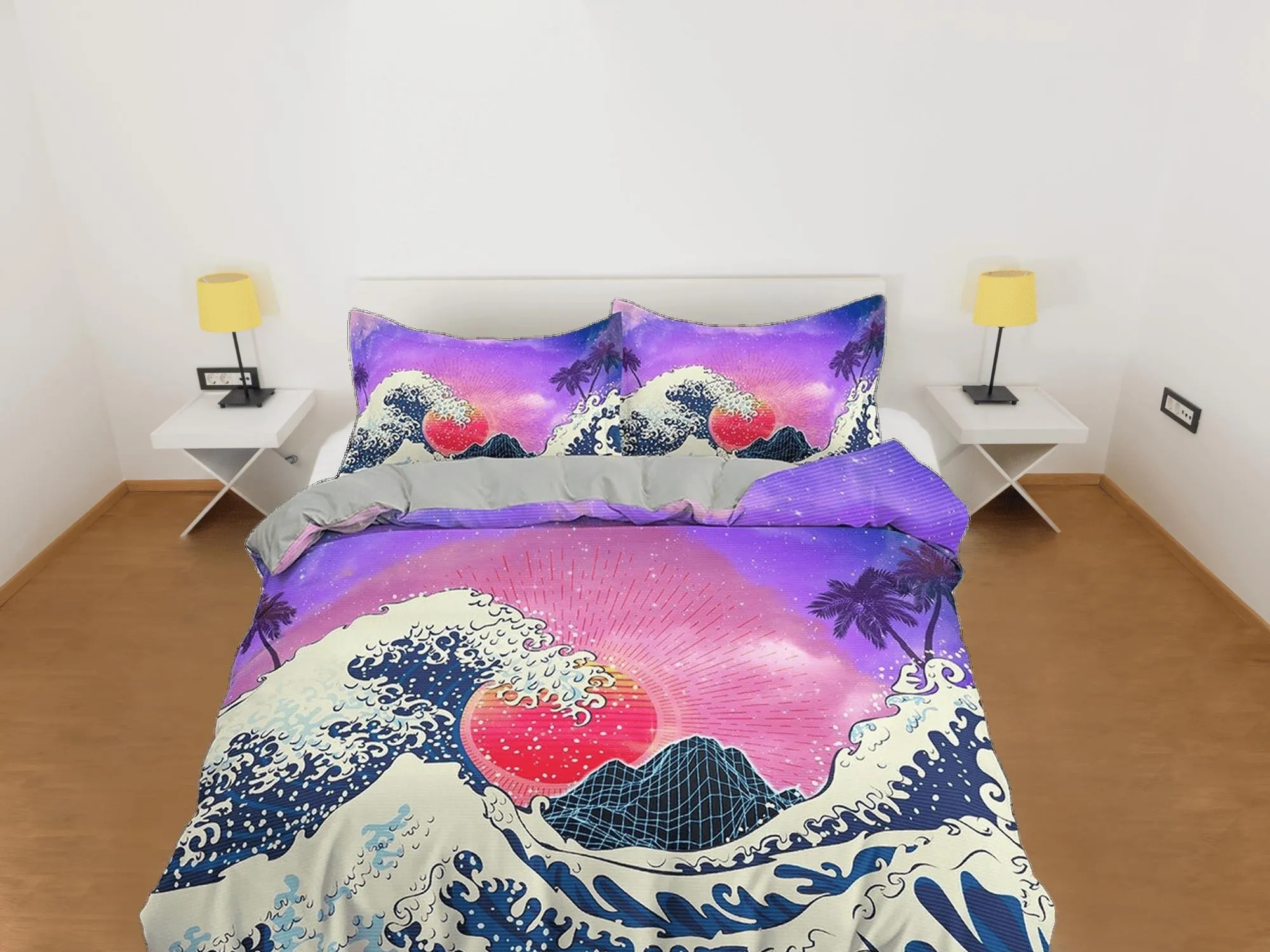 The Great Wave of Kanagawa Bedding, Vaporwave Hippie Bedding, Japanese Duvet Cover Set, Aesthetic Purple Duvet Cover King Queen Full Twin