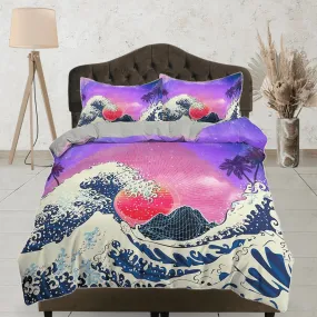 The Great Wave of Kanagawa Bedding, Vaporwave Hippie Bedding, Japanese Duvet Cover Set, Aesthetic Purple Duvet Cover King Queen Full Twin