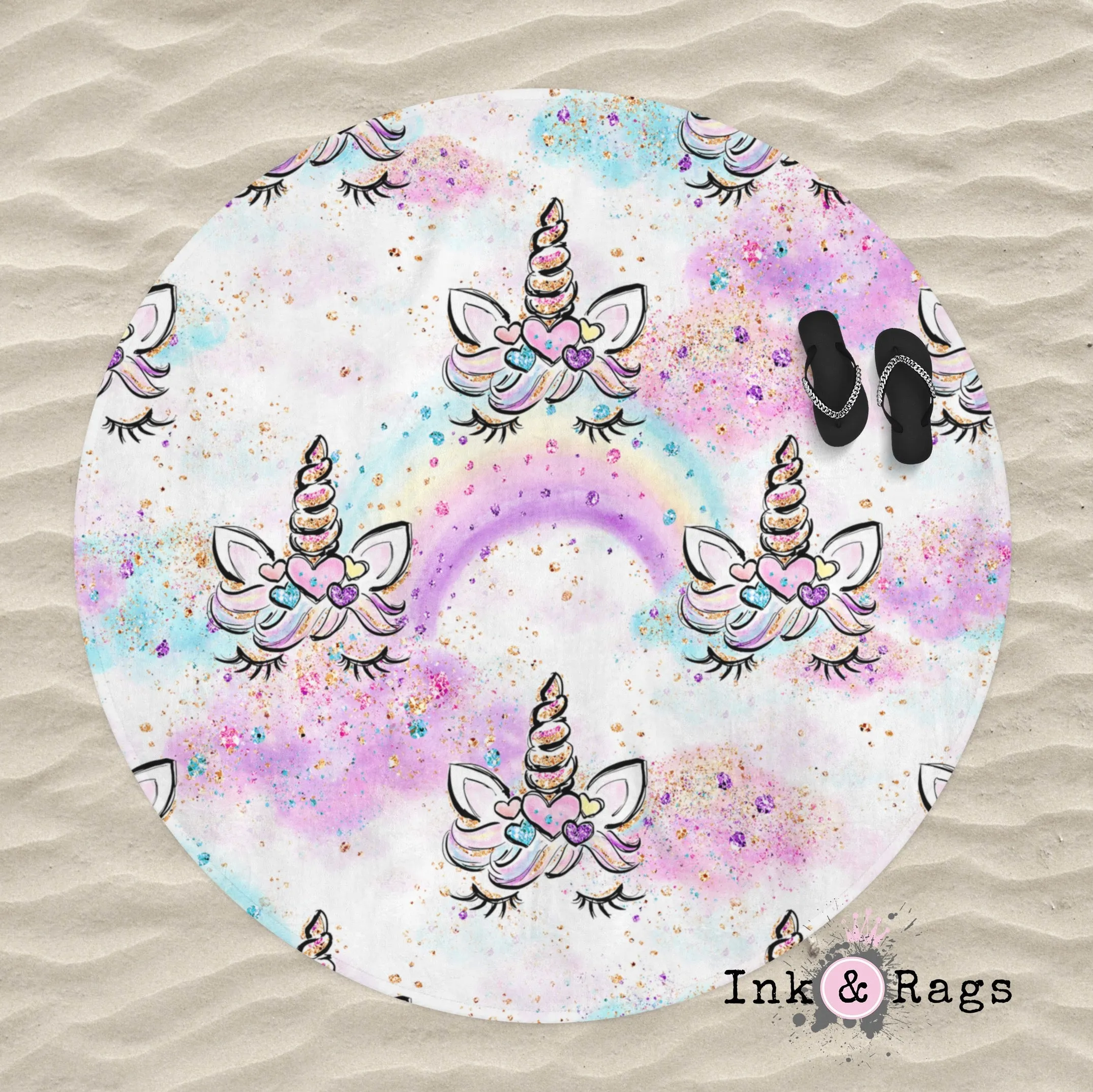 Unicorn Faces and Rainbows Round Beach Towel