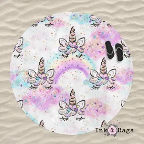 Unicorn Faces and Rainbows Round Beach Towel