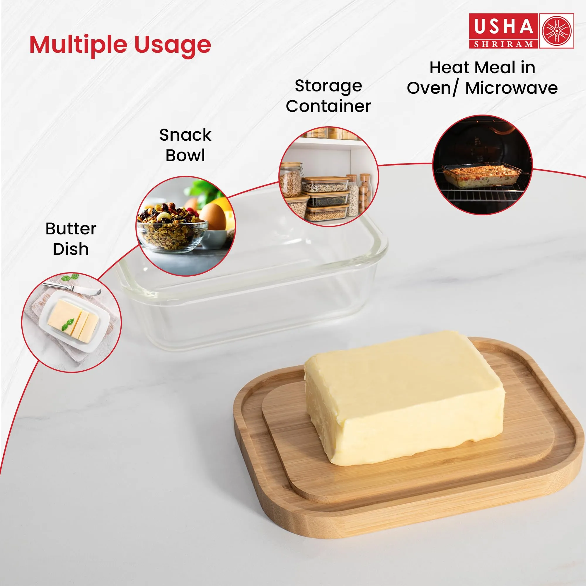 USHA SHRIRAM Glass Borosilicate Baking Tray With Bamboo Lid (900Ml)|Baking Dish For Microwave Oven|Microwave Oven Safe Baking|Baking Pan|Bake&Serve Dish|Rectangular Loaf Baking Dish (Brown)