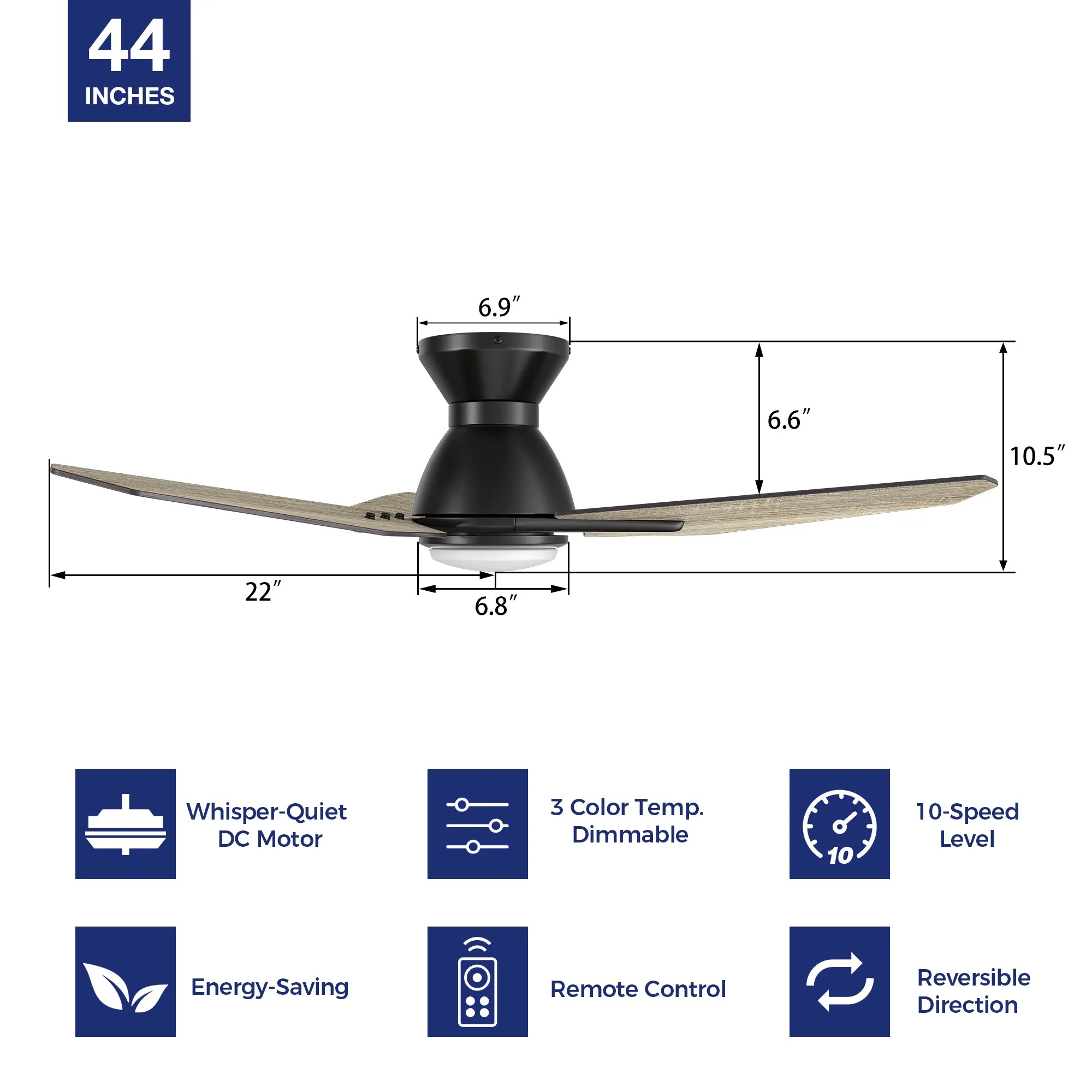 Vant Flush Mount Ceiling Fan with Light and Remote 44 inch