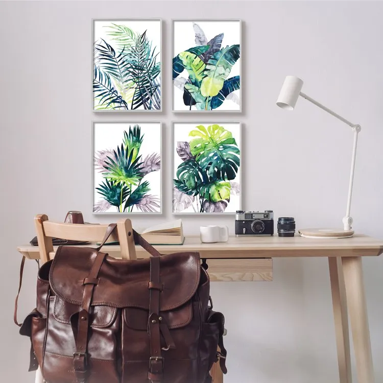 Various Tropical Palm Fans Green Blue Plants 14" x 11" Gray Framed Wall Art Four-Piece Set