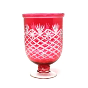 Vase, Bohemian, Ruby Red Cut To Clear Footed Hurricane Candle Holder, Vintage